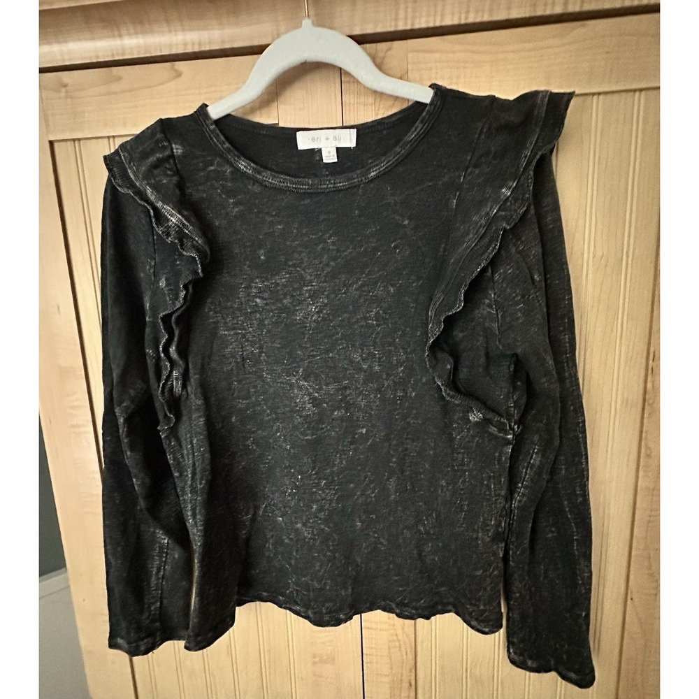 Anthropologie ERI + ALI Washed Black Ruffle Long Sleeve‎ Top S Small